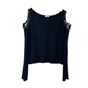 Cache‎ Vintage Women's Blouse Black Silk Blend Cold Shoulder Embellished Size M